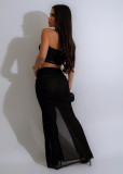 Black Summer Sexy Mesh Slit Lotus Leaf Long Skirt Two-Piece Set