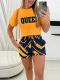 Orange Fashionable Round Neck Printed Lace-up Two-piece Set