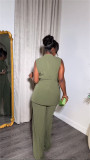 Green New Style Stand Collar Buttoned Sleeveless Top Wide Leg Trousers Two Piece Set