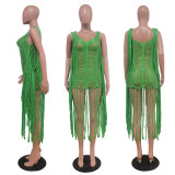 Green Sexy Handhook Hollow Fringed Beach Dress