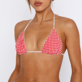 Red Sexy Hot Girl Plaid Mesh Lace-up Bikini Suit