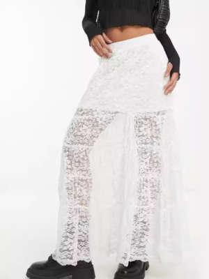 White Fashionable Lined Lace See-through Long Skirt