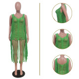 Green Sexy Handhook Hollow Fringed Beach Dress