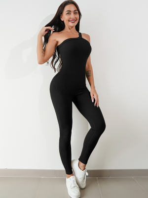 Black Quick-Drying Threaded Sleeveless Stretch Tight Yoga Jumpsuit