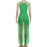 Green Sexy Knitted Suspender Tassel Slim See-through Dress