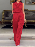 Red Swing Collar Sleeveless Waist Casual Two-Piece Set
