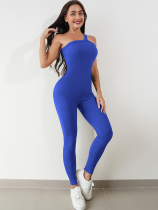 Blue Quick-Drying Threaded Sleeveless Stretch Tight Yoga Jumpsuit