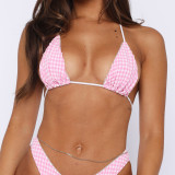 Pink Sexy Hot Girl Plaid Mesh Lace-up Bikini Suit