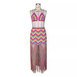 Sexy Hand-crocheted Wave Fringed Beach Cover-up Dress Set