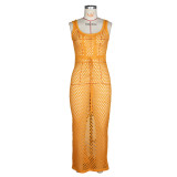 Orange Stylish Knitted String Mesh Tank Top Beach Dress