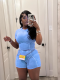 Blue Threaded Washed O-Neck Splicing Two-Piece Set