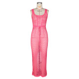 Rose Red Stylish Knitted String Mesh Tank Top Beach Dress