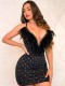 Black Sexy Permed Diamond Feather V-Neck Backless Slim Dress
