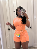 Orange Threaded Washed O-Neck Splicing Two-Piece Set