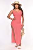 Pink Beach V-neck Knitted Slit Backless Sexy Dress