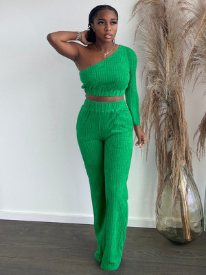 Green Jacquard Solid Color Oblique One-Shoulder Long-Sleeved Trousers Two-Piece Suit
