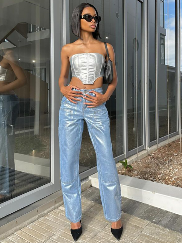 Stylish High Waist Bronzing Straight Leg Jeans