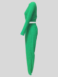 Green Jacquard Solid Color Oblique One-Shoulder Long-Sleeved Trousers Two-Piece Suit