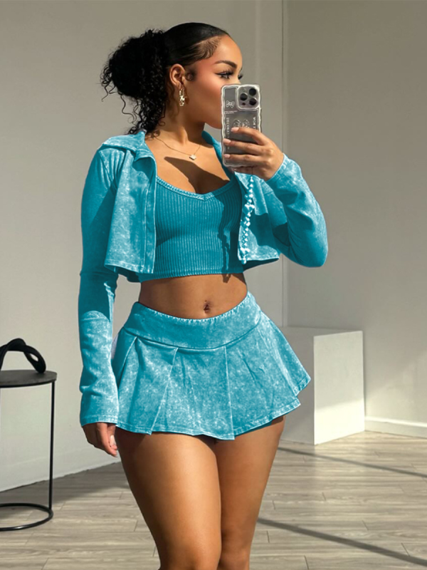 Blue Fashion Made Old Lapel Jacket Camisole Vest Short Skirt Three Piece Set