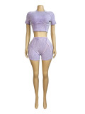 Purple Threaded Washed O-Neck Splicing Two-Piece Set