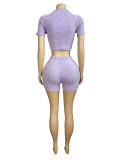 Purple Threaded Washed O-Neck Splicing Two-Piece Set