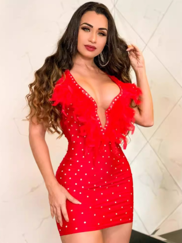 Red Sexy Permed Diamond Feather V-Neck Backless Slim Dress