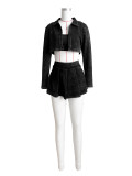 Black Fashion Made Old Lapel Jacket Camisole Vest Short Skirt Three Piece Set