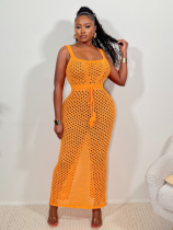 Orange Stylish Knitted String Mesh Tank Top Beach Dress