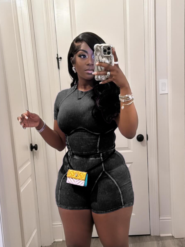 Black Threaded Washed O-Neck Splicing Two-Piece Set