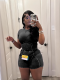 Black Threaded Washed O-Neck Splicing Two-Piece Set