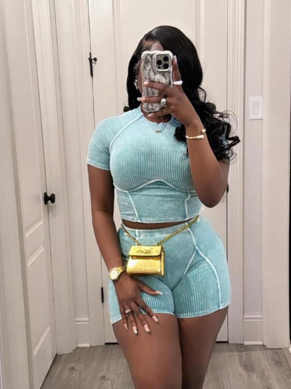 Cyan Blue Threaded Washed O-Neck Splicing Two-Piece Set
