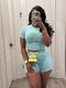 Cyan Blue Threaded Washed O-Neck Splicing Two-Piece Set