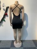 Black Sexy Permed Diamond Feather V-Neck Backless Slim Dress