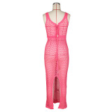 Rose Red Stylish Knitted String Mesh Tank Top Beach Dress