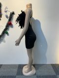 Black Sexy Permed Diamond Feather V-Neck Backless Slim Dress