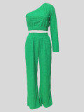 Green Jacquard Solid Color Oblique One-Shoulder Long-Sleeved Trousers Two-Piece Suit