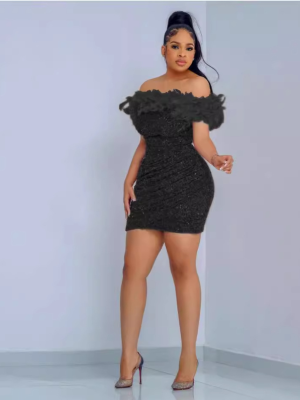 Black Sexy Sequin Feather Bandeau Pleated Fitted Dress
