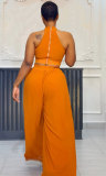 Orange Sexy Pleated Sleeveless Top and Wide Leg Pants Two-Piece Set