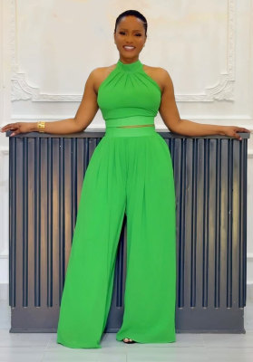 Green Sexy Pleated Sleeveless Top and Wide Leg Pants Two-Piece Set