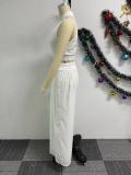 White Sexy Pleated Sleeveless Top and Wide Leg Pants Two-Piece Set