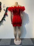 Red Sexy Sequin Feather Bandeau Pleated Fitted Dress