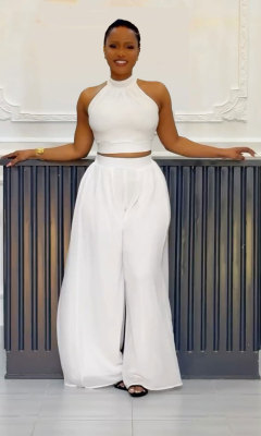 White Sexy Pleated Sleeveless Top and Wide Leg Pants Two-Piece Set
