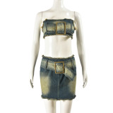 Contrast Color Belt Wrapped Chest Sexy Hot Girl Skirt Two Piece Set