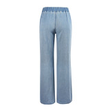 Light Blue Sexy Low Waist Denim Flower Personality Elastic Waist Loose Pants