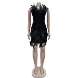 Black Fashion Women's Feather Sequin Sexy Tube Top Dress