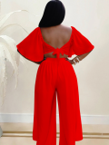 Red Sexy Backless Chiffon Loose Two-Piece Suit