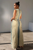 Fashionable Handmade Frayed Vest High Slit Denim Skirt Suit