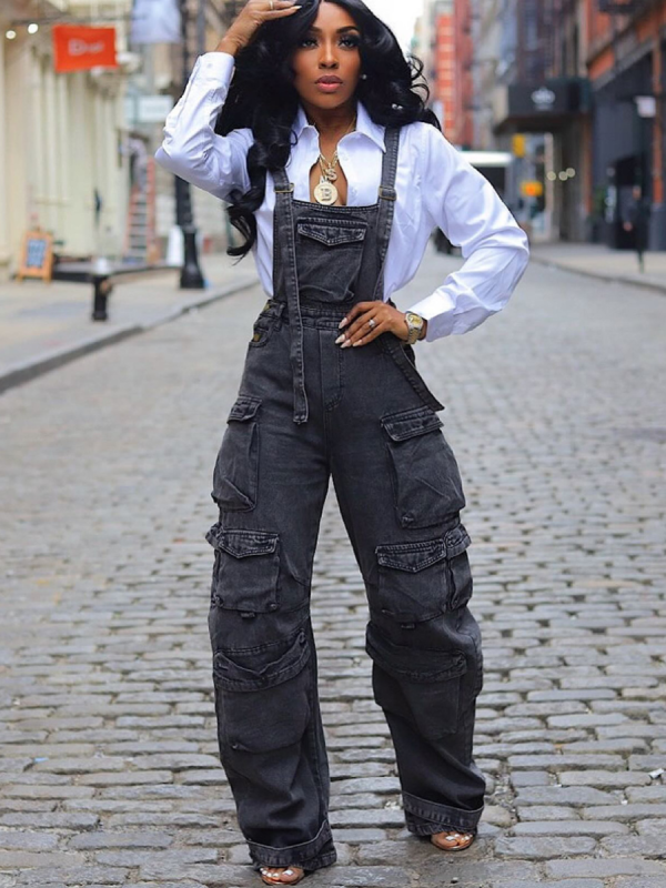 Black Fashionable Loose Denim Suspender Pocket Jumpsuit
