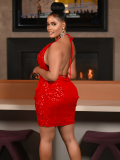 Red Sexy Backless Sequined Suspender Dress