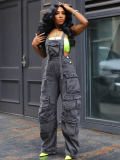 Grey Fashionable Loose Denim Suspender Pocket Jumpsuit